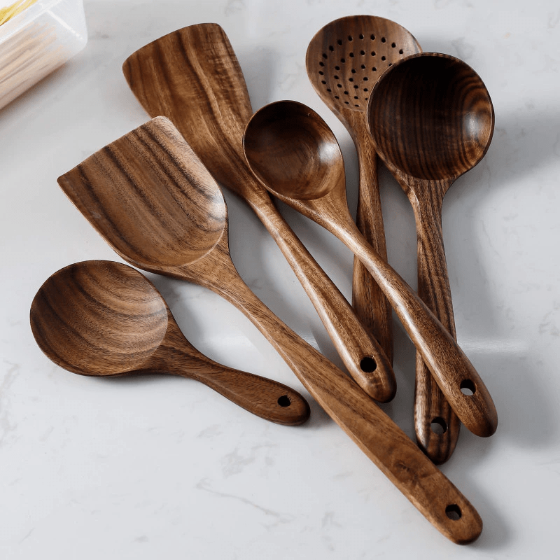 9 Pcs Wooden Spoons for Cooking, Wooden Utensils for Cooking with Utensils Holder, Teak Wooden Kitchen Utensils Set, Brown