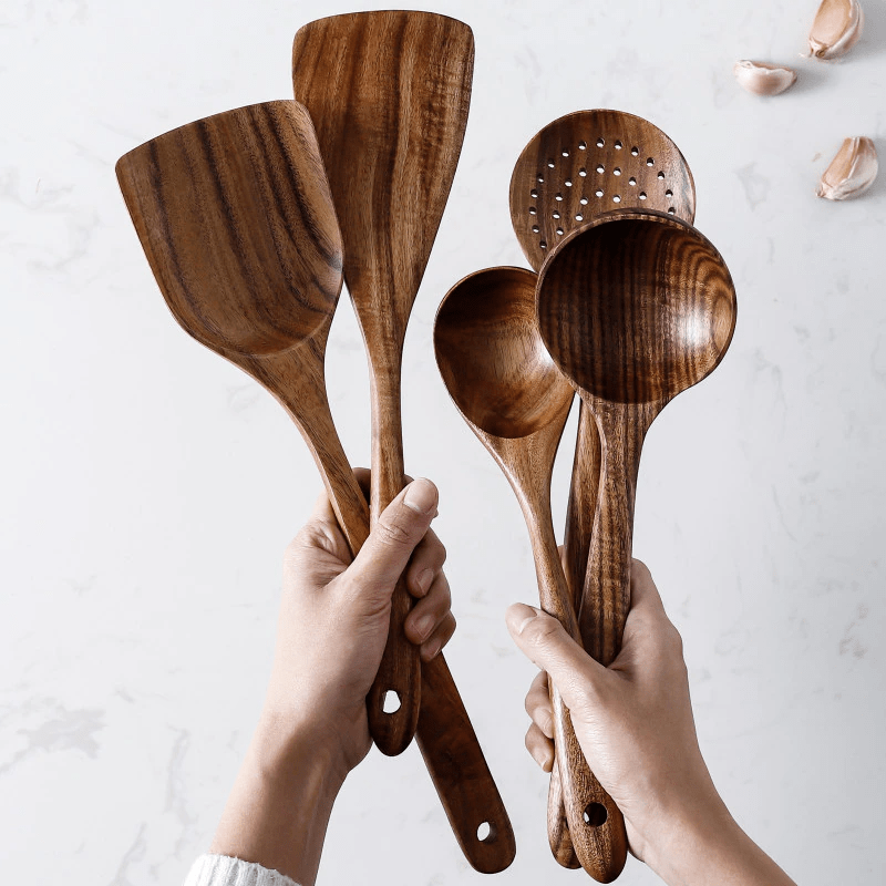 Wooden Spoons for Cooking,Wooden Cooking Utensils 6Pcs Wooden Kitchen  Utensil Set Wooden Utensils for Cooking 100% Natural Teak Wooden Spatula  for